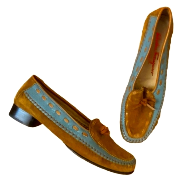 Salvatore Ferragamo Vintage Suede Moccasin Loafers Brown Blue Size 8 - Picture 3 of 11